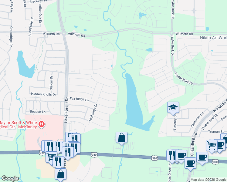 map of restaurants, bars, coffee shops, grocery stores, and more near 2798 Highridge Dr in McKinney