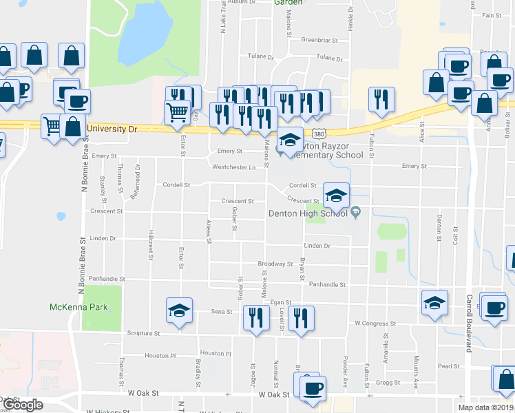map of restaurants, bars, coffee shops, grocery stores, and more near 1708 Carlton Street in Denton
