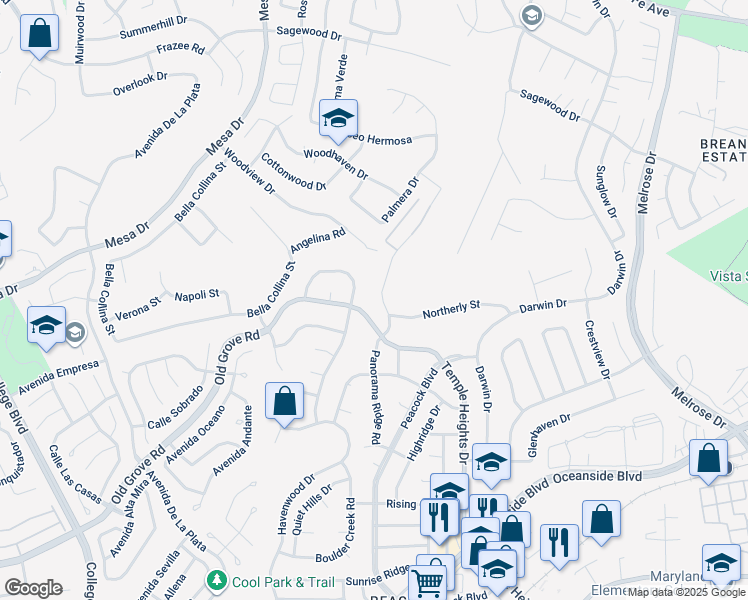 map of restaurants, bars, coffee shops, grocery stores, and more near 1357 Panorama Ridge Road in Oceanside