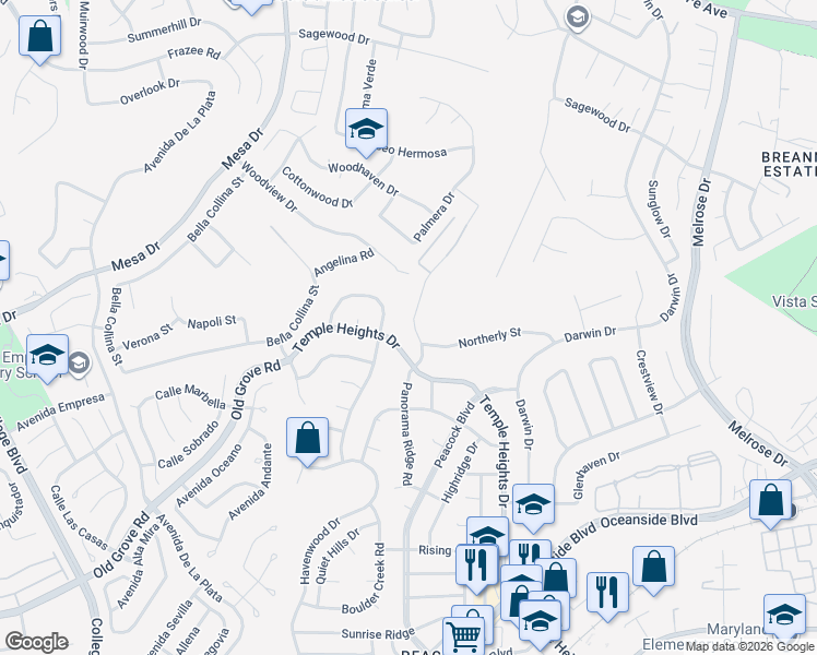 map of restaurants, bars, coffee shops, grocery stores, and more near 1363 Panorama Ridge Road in Oceanside