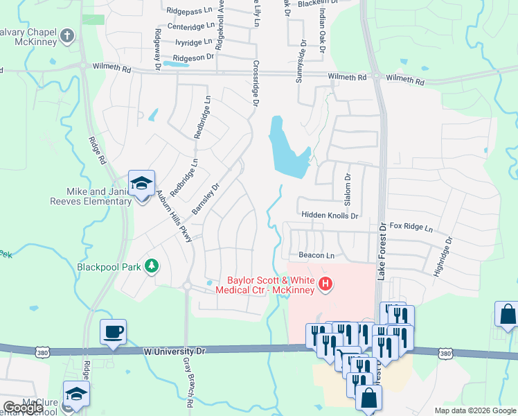 map of restaurants, bars, coffee shops, grocery stores, and more near 2313 Grafton Lane in McKinney