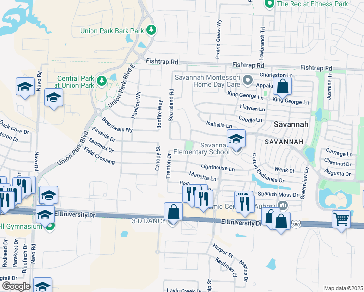 map of restaurants, bars, coffee shops, grocery stores, and more near 800 Auburn Court in Denton County