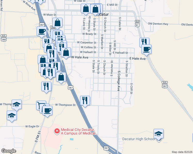 map of restaurants, bars, coffee shops, grocery stores, and more near 101 West Park Street in Decatur