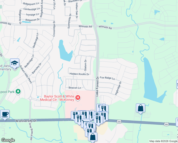 map of restaurants, bars, coffee shops, grocery stores, and more near 5021 Hidden Knolls Drive in McKinney