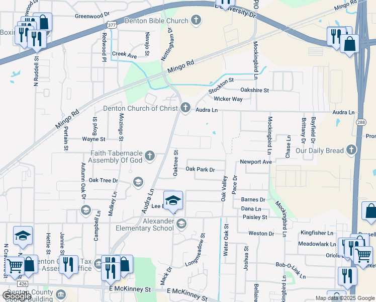 map of restaurants, bars, coffee shops, grocery stores, and more near 2216 Lattimore Street in Denton