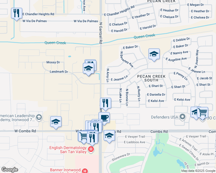 map of restaurants, bars, coffee shops, grocery stores, and more near 38088 North Amy Lane in Queen Creek