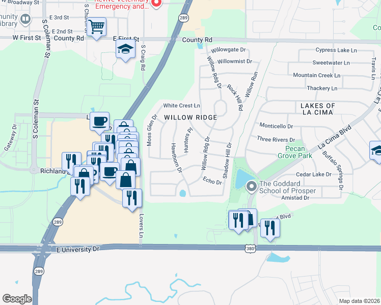 map of restaurants, bars, coffee shops, grocery stores, and more near 751 Camden Way in Prosper