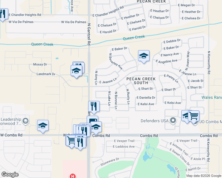 map of restaurants, bars, coffee shops, grocery stores, and more near 38141 North Luke Lane in Queen Creek