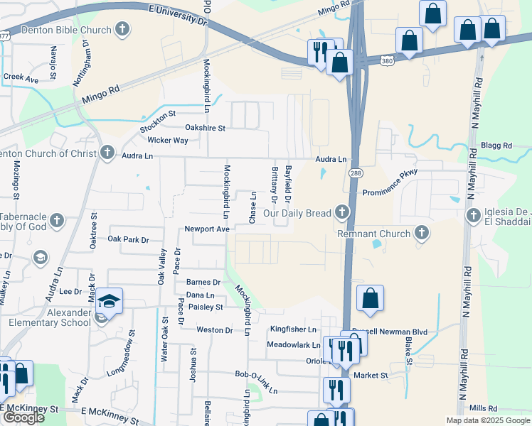 map of restaurants, bars, coffee shops, grocery stores, and more near 3308 Pres Court in Denton