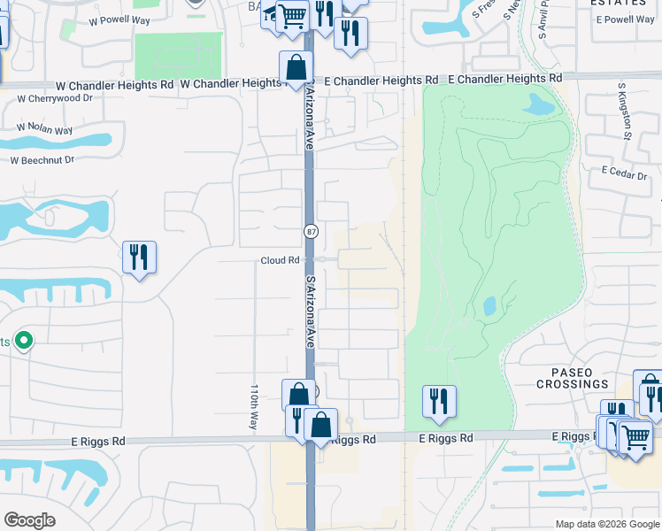 map of restaurants, bars, coffee shops, grocery stores, and more near 106 East Libra Place in Chandler