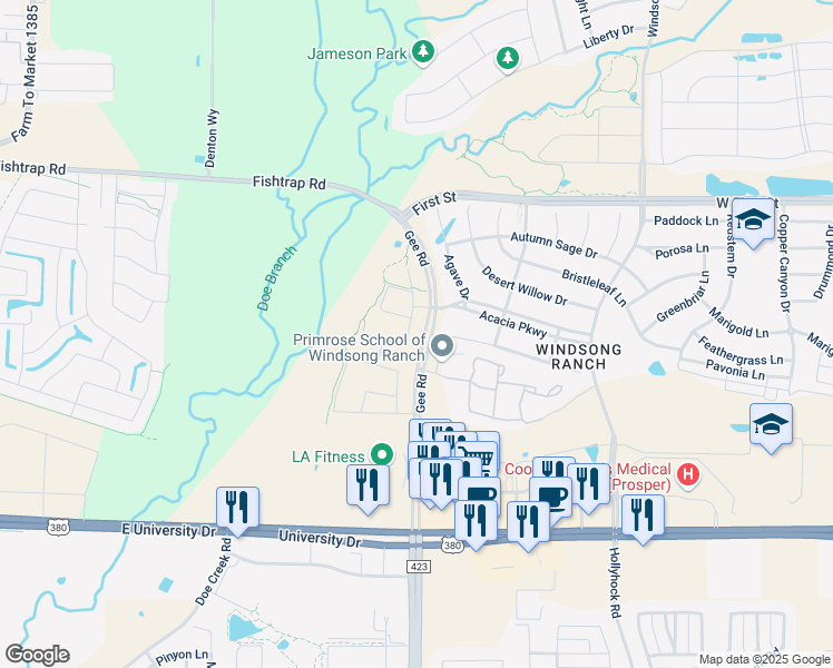 map of restaurants, bars, coffee shops, grocery stores, and more near 4841 Rockcress Court in Prosper
