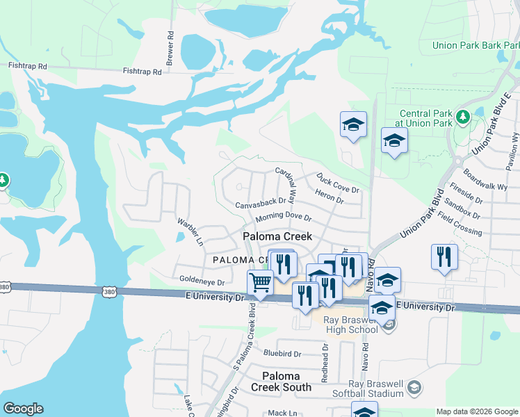 map of restaurants, bars, coffee shops, grocery stores, and more near 1408 Canvasback in Aubrey