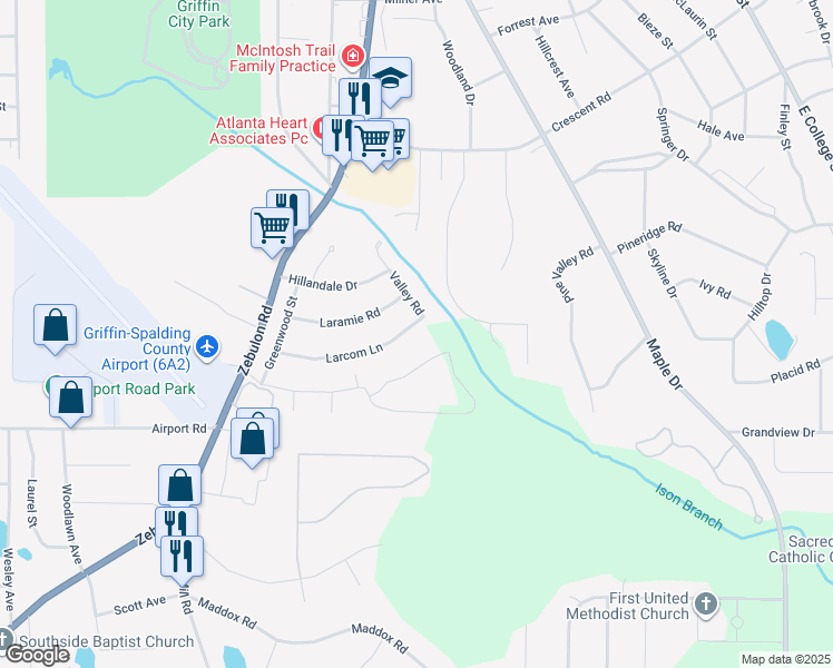 map of restaurants, bars, coffee shops, grocery stores, and more near 234 Larcom Lane in Griffin