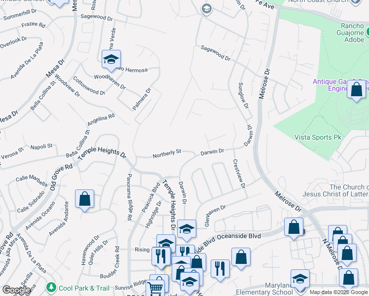 map of restaurants, bars, coffee shops, grocery stores, and more near 4865 Northerly Street in Oceanside