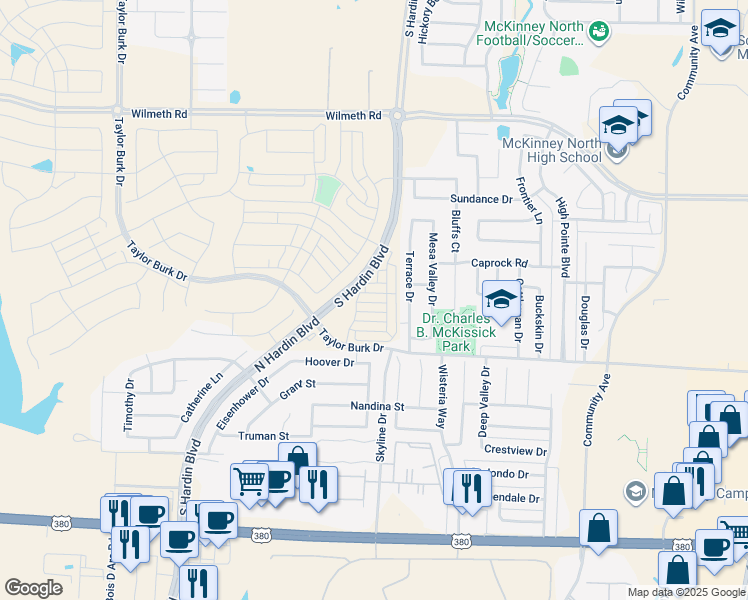 map of restaurants, bars, coffee shops, grocery stores, and more near 2605 Terrace Drive in McKinney
