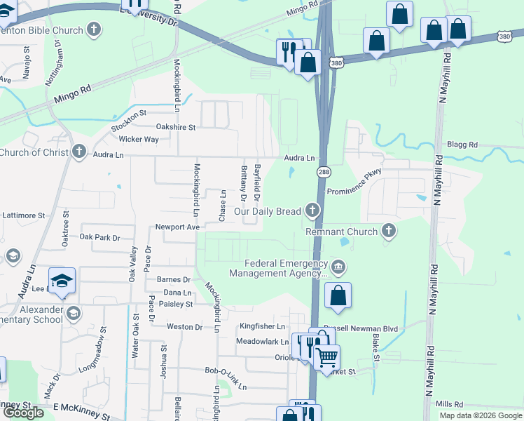 map of restaurants, bars, coffee shops, grocery stores, and more near 906 Bayfield Drive in Denton
