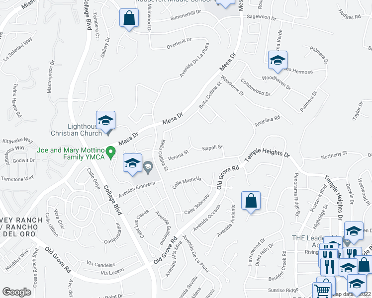 map of restaurants, bars, coffee shops, grocery stores, and more near 4998 Verona Street in Oceanside