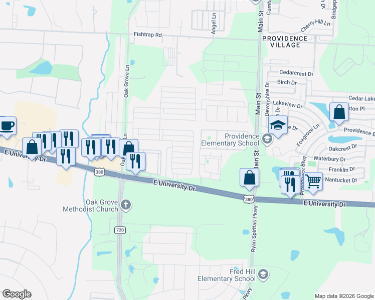 map of restaurants, bars, coffee shops, grocery stores, and more near 2305 Copal Drive in Krugerville