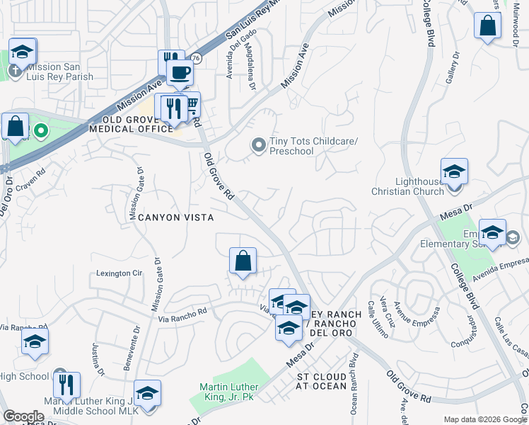 map of restaurants, bars, coffee shops, grocery stores, and more near 4404 Dulin Place in Oceanside