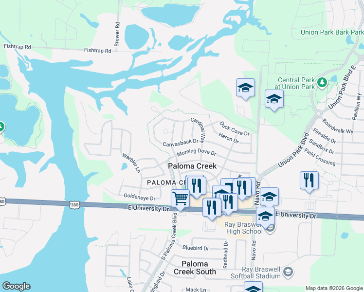 map of restaurants, bars, coffee shops, grocery stores, and more near 1420 Morning Dove Drive in Aubrey