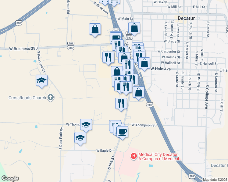 map of restaurants, bars, coffee shops, grocery stores, and more near 1210 South Farm to Market 51 in Decatur