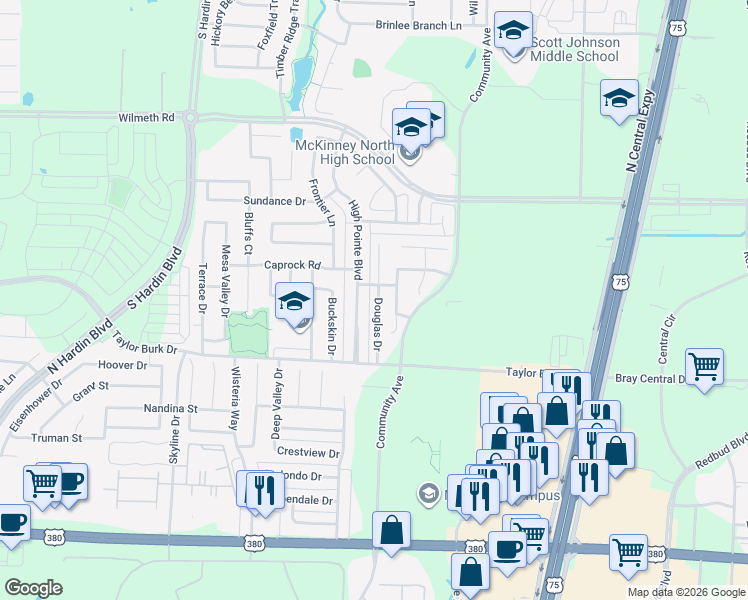 map of restaurants, bars, coffee shops, grocery stores, and more near 2609 Prescotte Pointe in McKinney