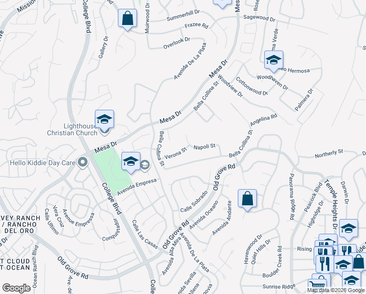 map of restaurants, bars, coffee shops, grocery stores, and more near 4998 Verona Street in Oceanside