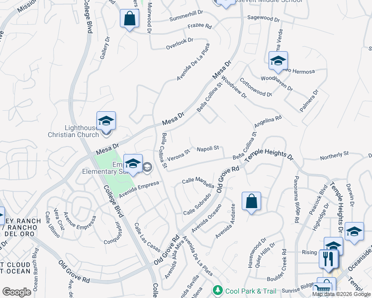 map of restaurants, bars, coffee shops, grocery stores, and more near 4998 Verona Street in Oceanside