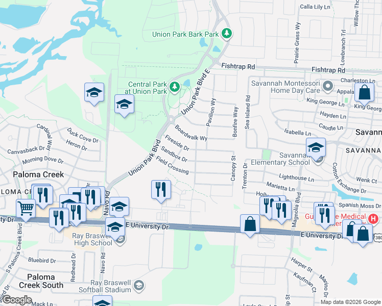 map of restaurants, bars, coffee shops, grocery stores, and more near 800 Sandbox Drive in Aubrey