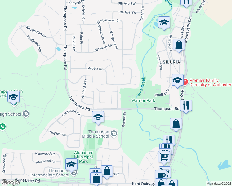 map of restaurants, bars, coffee shops, grocery stores, and more near 120 Cambridge Pointe Drive in Alabaster