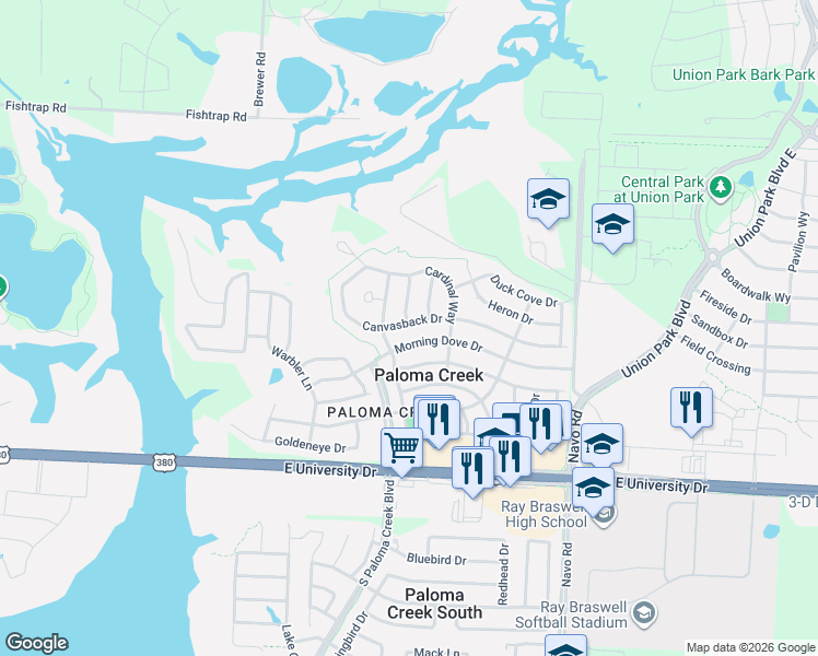 map of restaurants, bars, coffee shops, grocery stores, and more near 1420 Morning Dove Drive in Aubrey