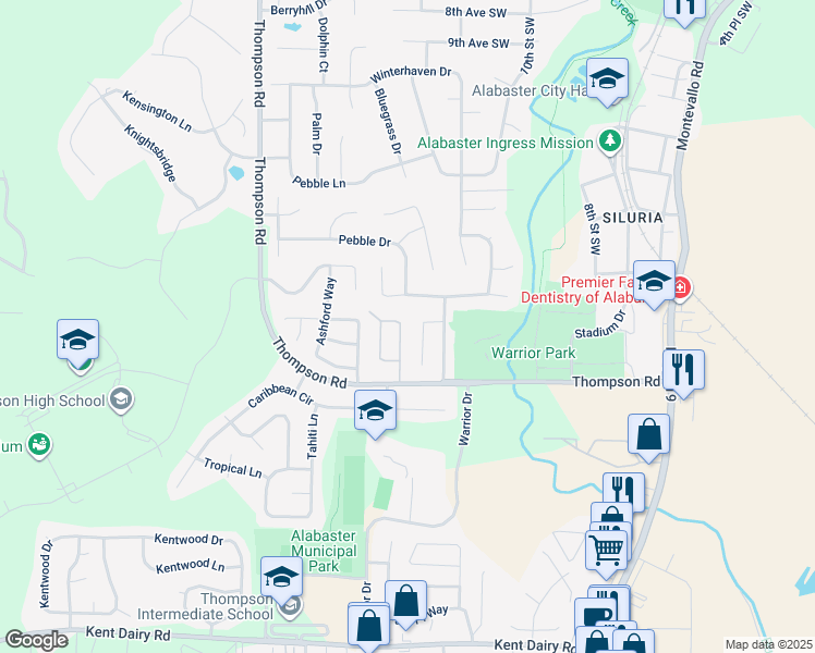 map of restaurants, bars, coffee shops, grocery stores, and more near 122 Cambridge Pointe Circle in Alabaster