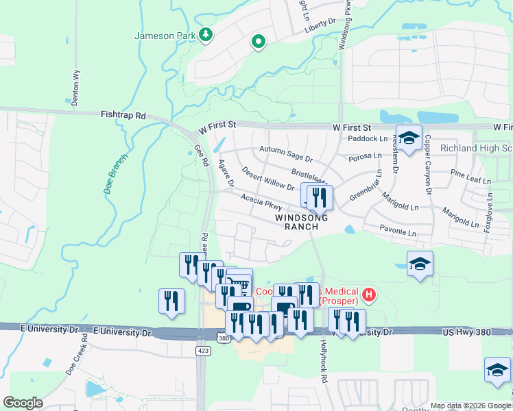 map of restaurants, bars, coffee shops, grocery stores, and more near 4641 Crossvine Drive in Prosper