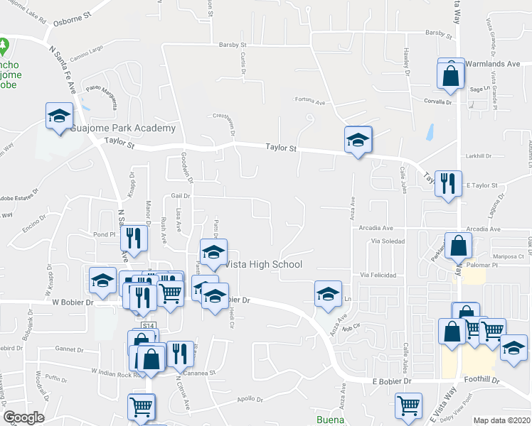 map of restaurants, bars, coffee shops, grocery stores, and more near 437 Garey Dr in Vista
