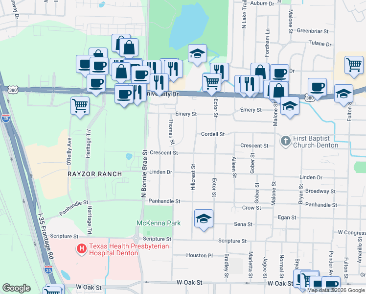 map of restaurants, bars, coffee shops, grocery stores, and more near 1030 Thomas Street in Denton