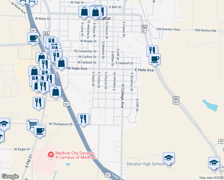 map of restaurants, bars, coffee shops, grocery stores, and more near 1401 South Church Street in Decatur