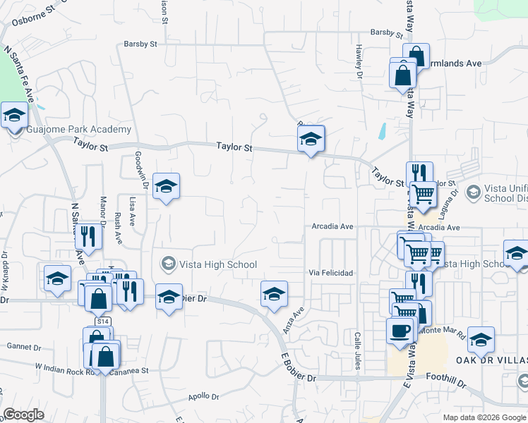 map of restaurants, bars, coffee shops, grocery stores, and more near 1650 San Luis Rey Avenue in Vista