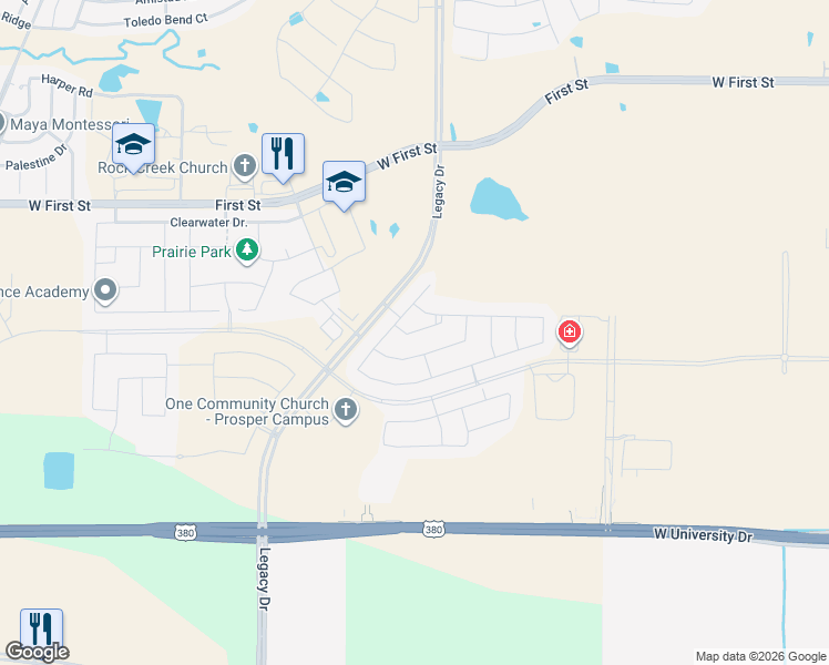 map of restaurants, bars, coffee shops, grocery stores, and more near 2491 Celestial Drive Lane in Prosper