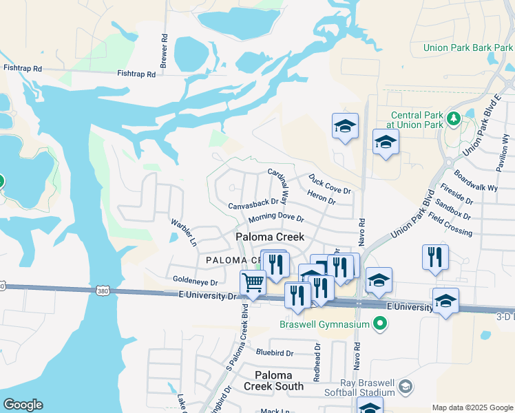 map of restaurants, bars, coffee shops, grocery stores, and more near 1416 Canvasback Drive in Aubrey