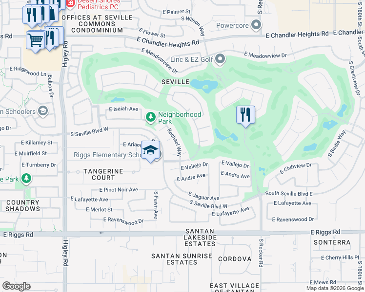 map of restaurants, bars, coffee shops, grocery stores, and more near 6853 South Rachael Way in Gilbert