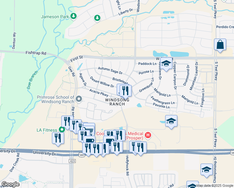 map of restaurants, bars, coffee shops, grocery stores, and more near in Denton County