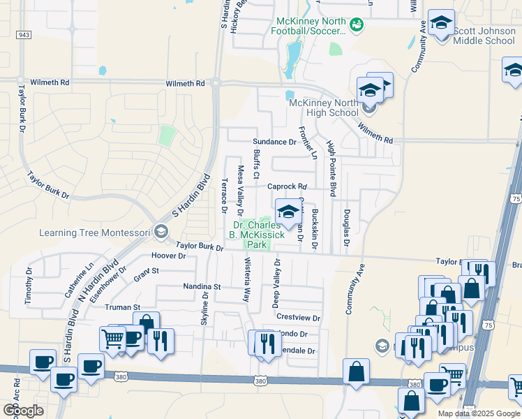 map of restaurants, bars, coffee shops, grocery stores, and more near 2612 Bluffs Court in McKinney