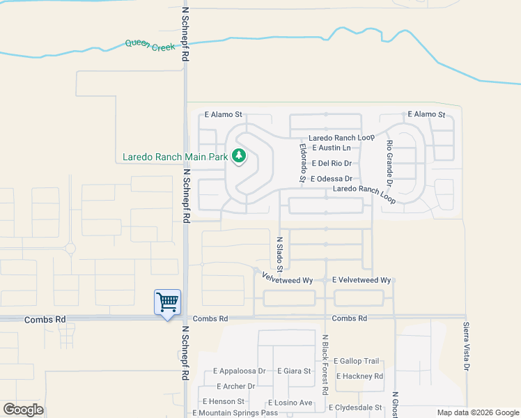 map of restaurants, bars, coffee shops, grocery stores, and more near 3878 East Longhorn Street in Queen Creek