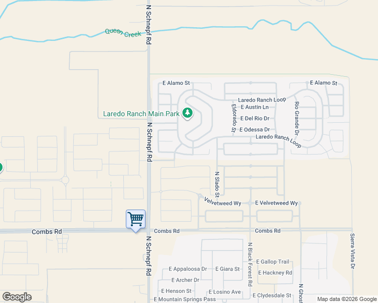 map of restaurants, bars, coffee shops, grocery stores, and more near 3774 East Longhorn Street in Queen Creek
