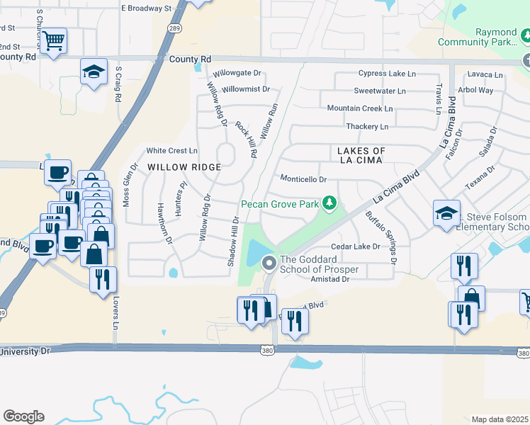 map of restaurants, bars, coffee shops, grocery stores, and more near 529 Twin Oaks Drive in Prosper