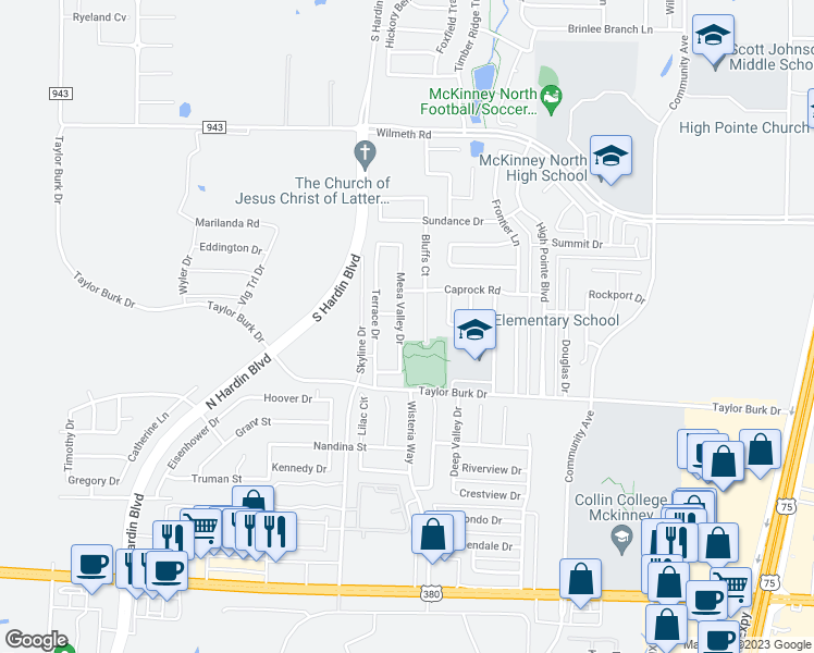 map of restaurants, bars, coffee shops, grocery stores, and more near 2612 Mesa Valley Drive in McKinney