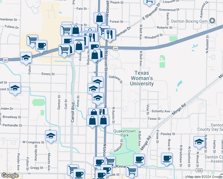 map of restaurants, bars, coffee shops, grocery stores, and more near 1303 North Austin Street in Denton