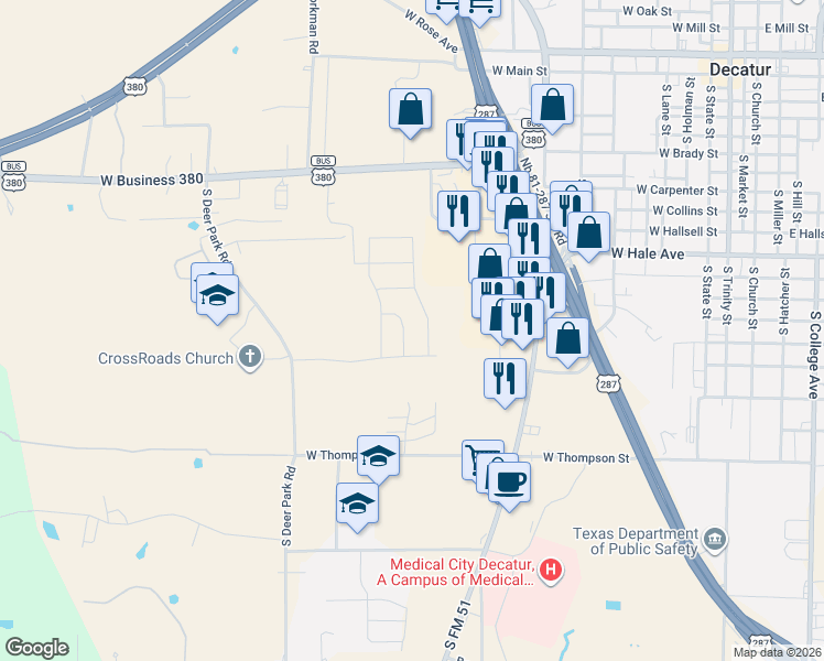 map of restaurants, bars, coffee shops, grocery stores, and more near 800 U.S. 81 Business in Decatur