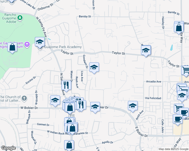 map of restaurants, bars, coffee shops, grocery stores, and more near 1 Panther Way in Vista
