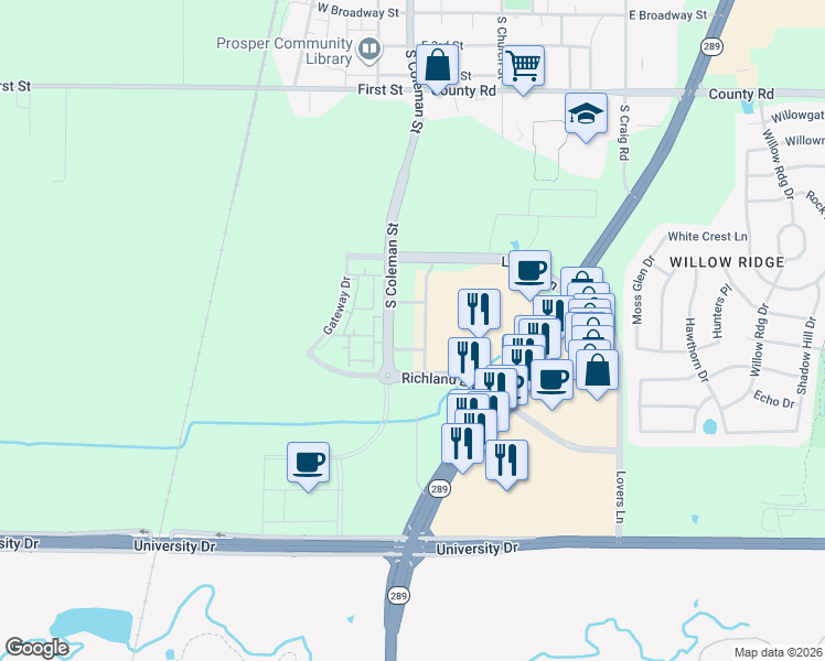 map of restaurants, bars, coffee shops, grocery stores, and more near 961 Gateway Drive in Prosper